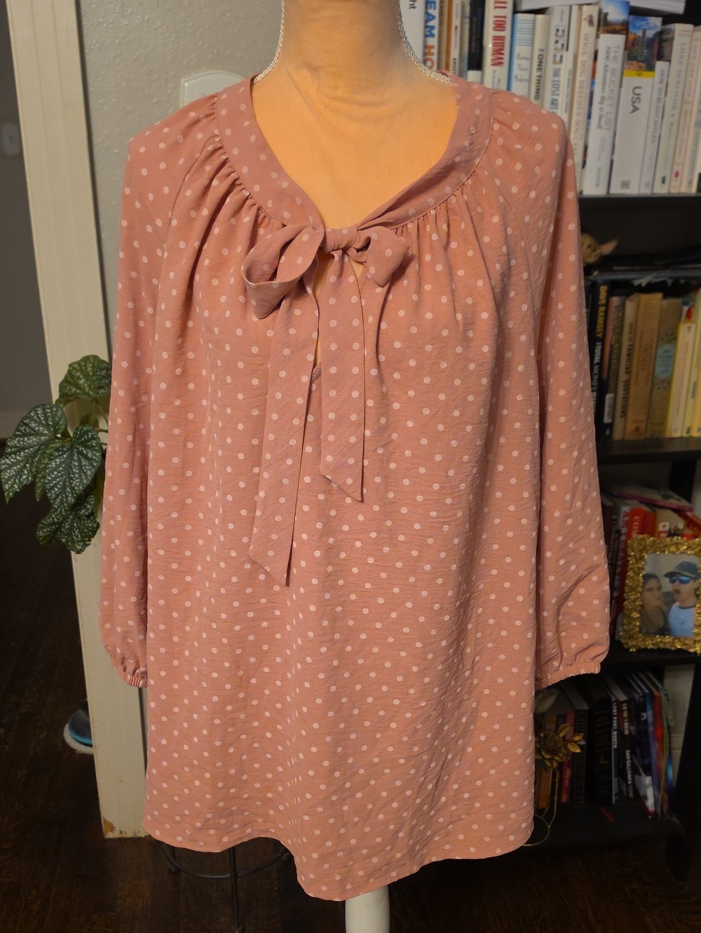Olivia & Martin 3X Dusty Rose Polka Dot Bow Tie Neck Tunic Blouse